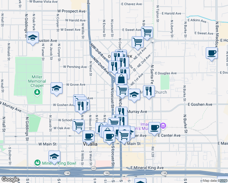 map of restaurants, bars, coffee shops, grocery stores, and more near 616 North Locust Street in Visalia