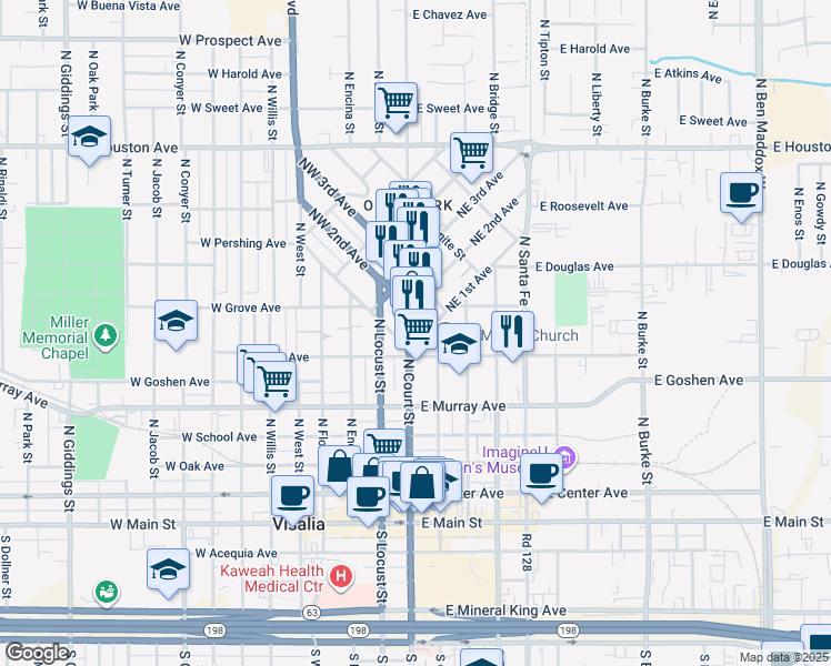 map of restaurants, bars, coffee shops, grocery stores, and more near 700 North Court Street in Visalia
