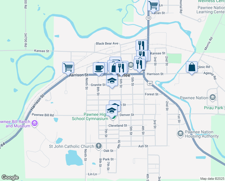 map of restaurants, bars, coffee shops, grocery stores, and more near 602 Forest Street in Pawnee