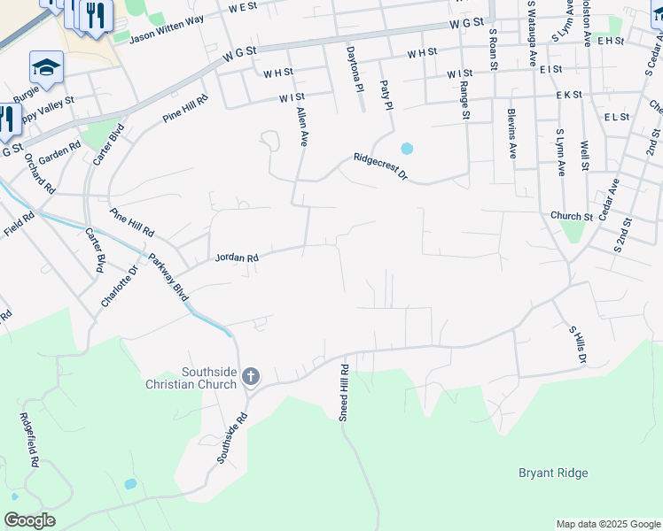 map of restaurants, bars, coffee shops, grocery stores, and more near 1002 Jordan Road in Elizabethton