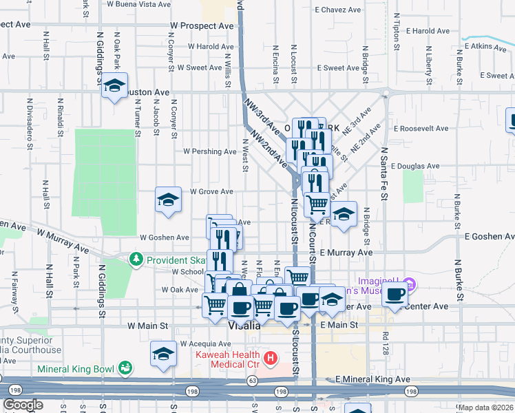map of restaurants, bars, coffee shops, grocery stores, and more near 418 1/2 West Race Avenue in Visalia
