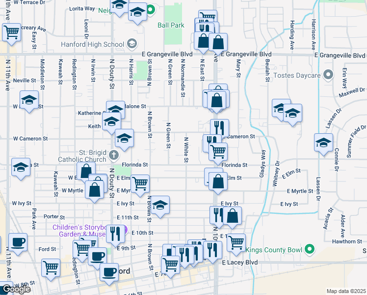 map of restaurants, bars, coffee shops, grocery stores, and more near 1038 North White Street in Hanford