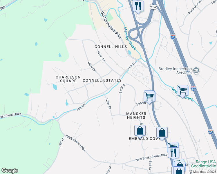 map of restaurants, bars, coffee shops, grocery stores, and more near 401 Hitt Lane in Goodlettsville