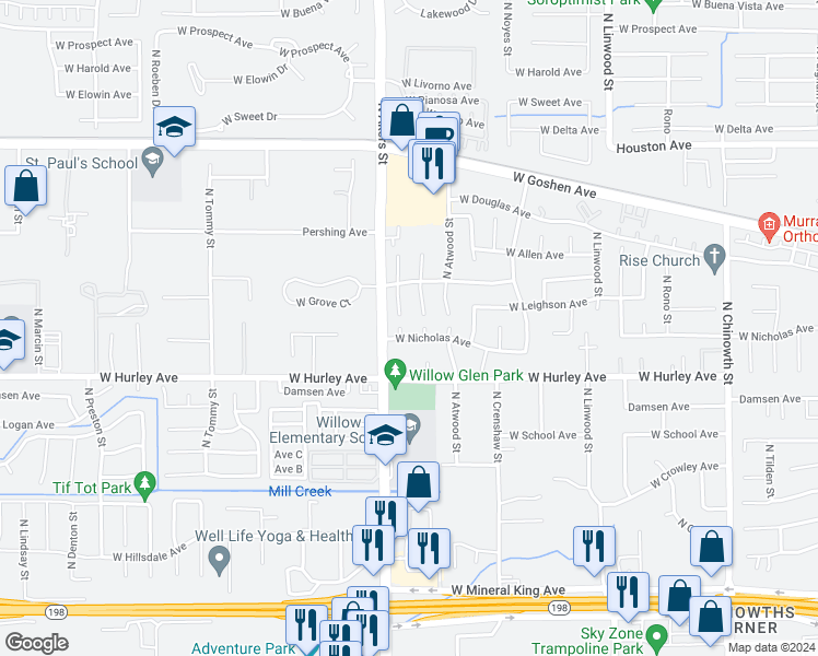 map of restaurants, bars, coffee shops, grocery stores, and more near 830 North Oakwood Court in Visalia