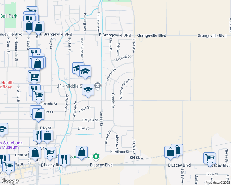 map of restaurants, bars, coffee shops, grocery stores, and more near 1042 Connie Drive in Hanford