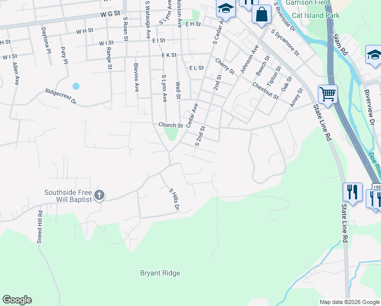 map of restaurants, bars, coffee shops, grocery stores, and more near 502 Bingham Street in Elizabethton