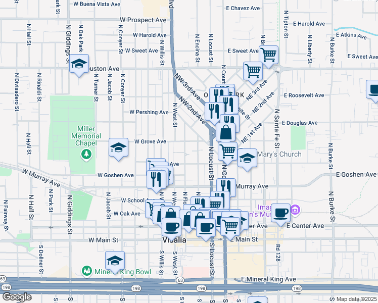 map of restaurants, bars, coffee shops, grocery stores, and more near 718 North Floral Street in Visalia