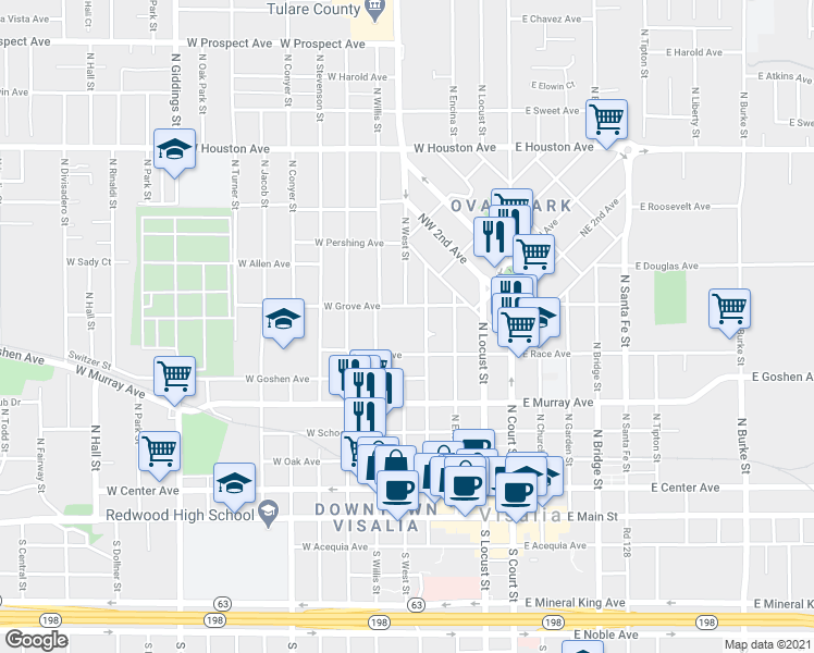 map of restaurants, bars, coffee shops, grocery stores, and more near 727 North Floral Street in Visalia