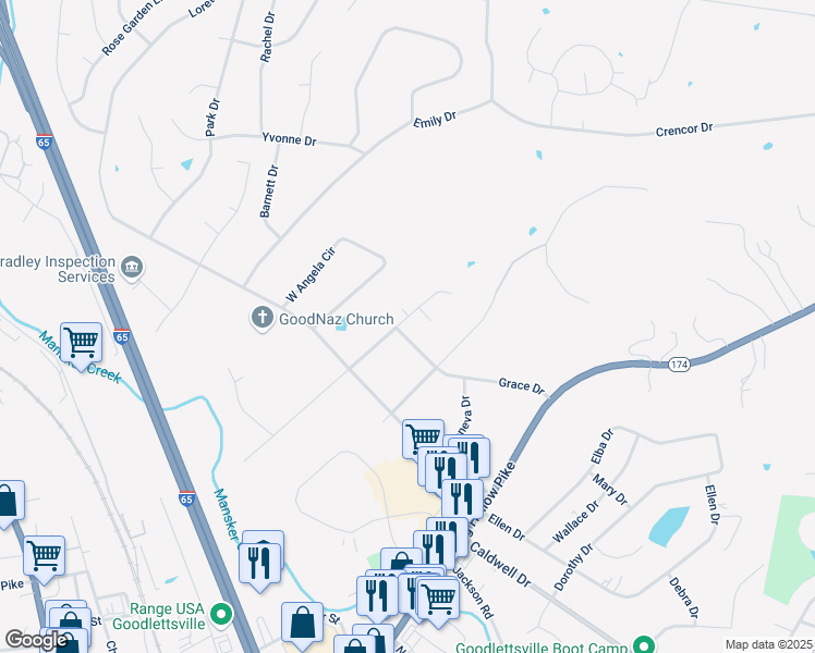 map of restaurants, bars, coffee shops, grocery stores, and more near 601 Mason Lane in Goodlettsville
