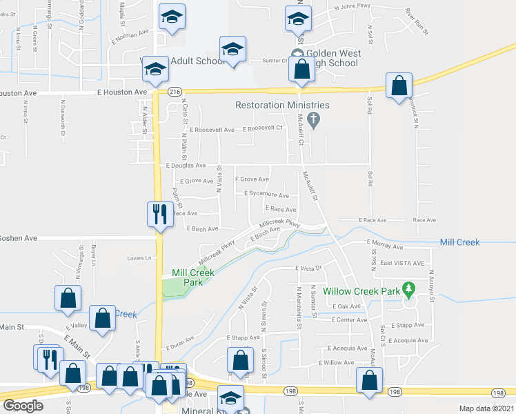 map of restaurants, bars, coffee shops, grocery stores, and more near 735 North Teakwood Court in Visalia