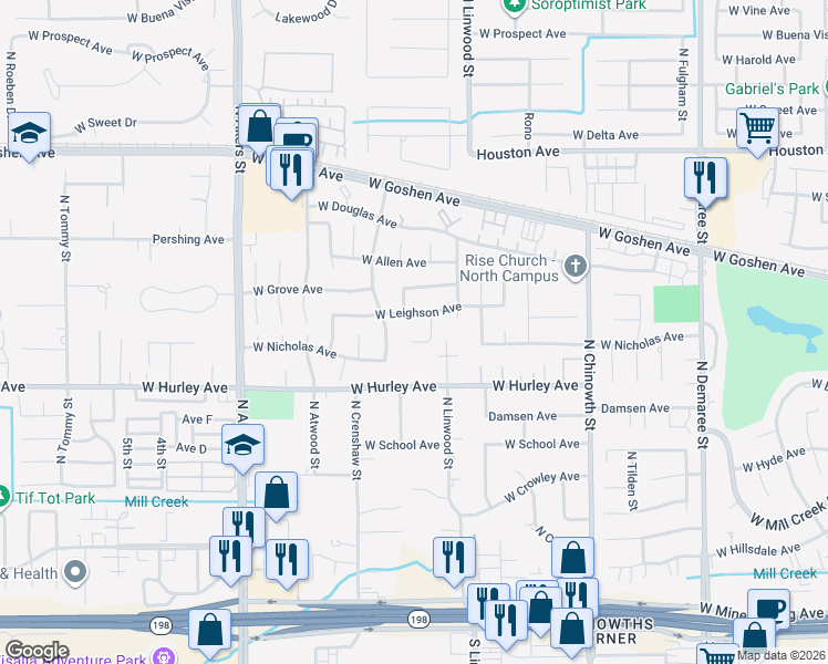 map of restaurants, bars, coffee shops, grocery stores, and more near 901-999 N Linwood Ct in Visalia