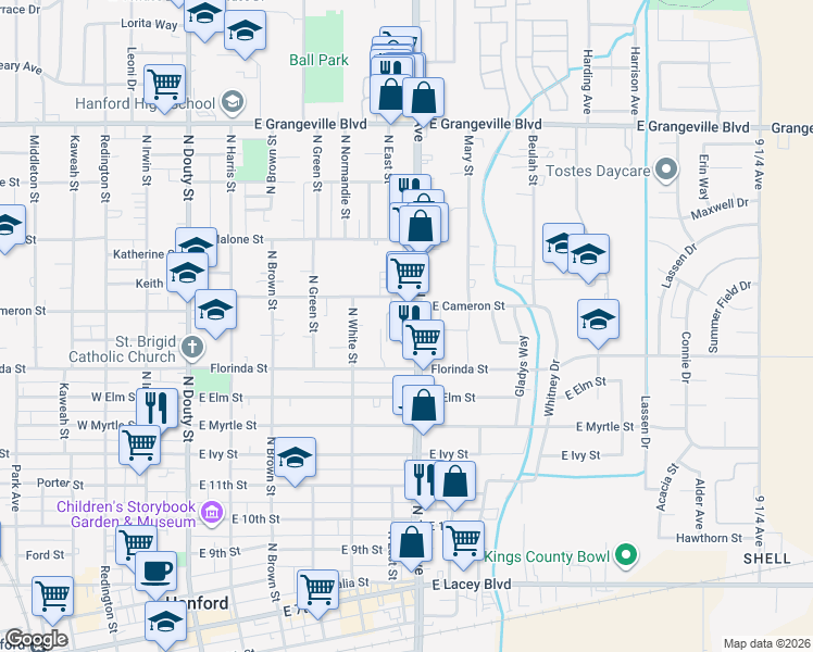 map of restaurants, bars, coffee shops, grocery stores, and more near 1040 North 10th Avenue in Hanford