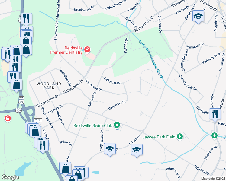 map of restaurants, bars, coffee shops, grocery stores, and more near 1012 Sherwood Drive in Reidsville