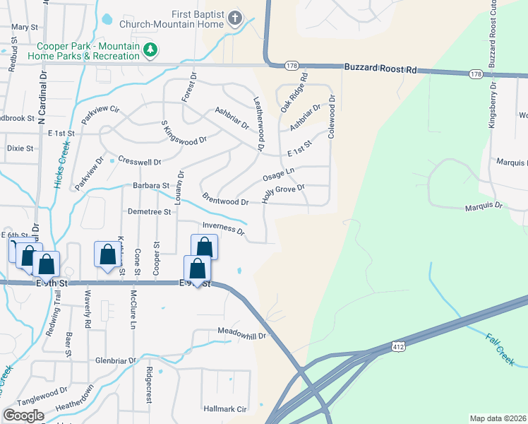 map of restaurants, bars, coffee shops, grocery stores, and more near 402 Holly Grove Drive in Mountain Home