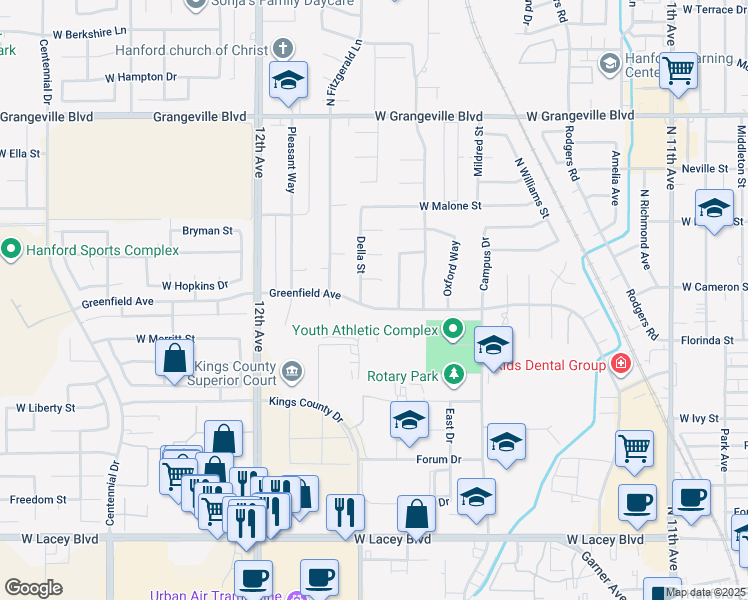 map of restaurants, bars, coffee shops, grocery stores, and more near 1501 Greenfield Avenue in Hanford