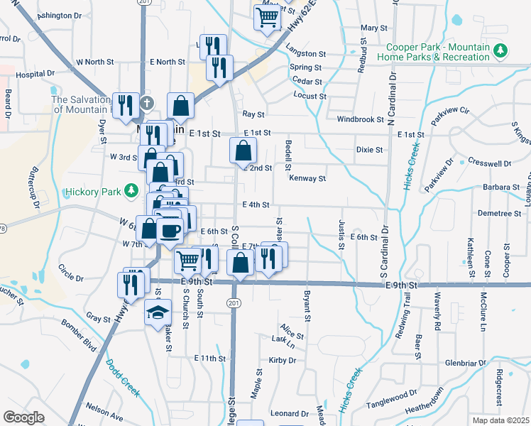 map of restaurants, bars, coffee shops, grocery stores, and more near 550 East 4th Street in Mountain Home