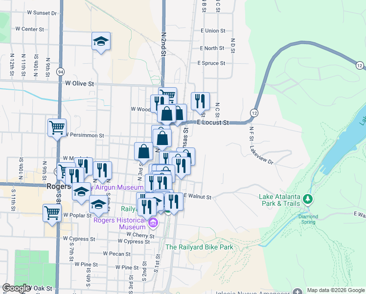 map of restaurants, bars, coffee shops, grocery stores, and more near in Rogers