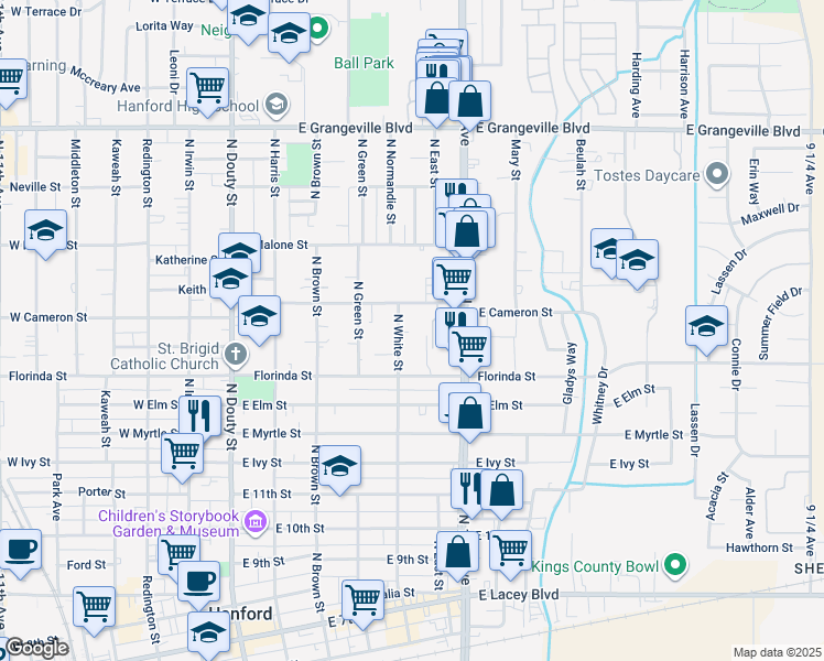 map of restaurants, bars, coffee shops, grocery stores, and more near 1061 North White Street in Hanford