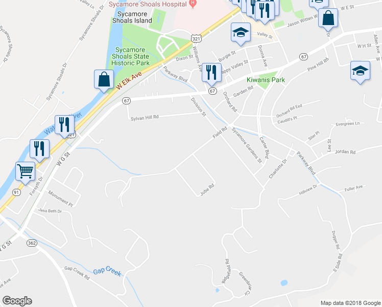 map of restaurants, bars, coffee shops, grocery stores, and more near 1801 Field Road in Elizabethton