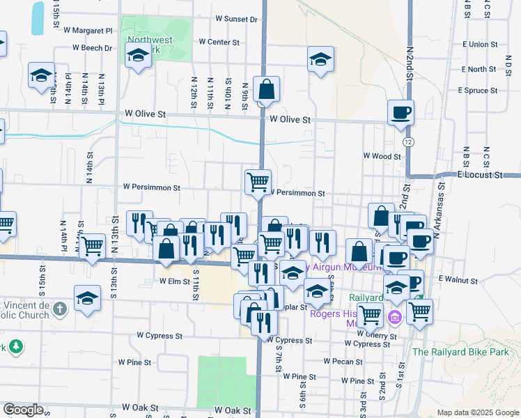 map of restaurants, bars, coffee shops, grocery stores, and more near in Rogers