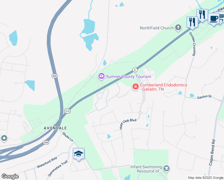 map of restaurants, bars, coffee shops, grocery stores, and more near 2325 Nashville Pike in Gallatin