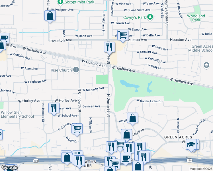map of restaurants, bars, coffee shops, grocery stores, and more near 3727 West Nicholas Court in Visalia