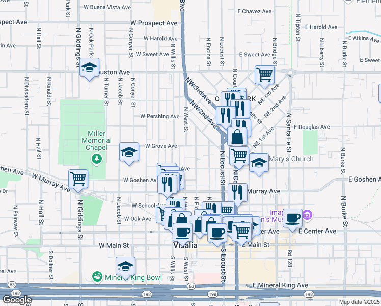 map of restaurants, bars, coffee shops, grocery stores, and more near 418 1/2 West Race Avenue in Visalia