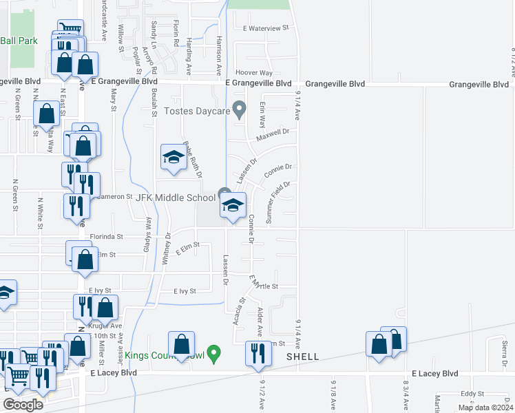 map of restaurants, bars, coffee shops, grocery stores, and more near 1042 Connie Drive in Hanford
