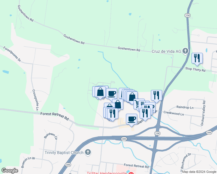 map of restaurants, bars, coffee shops, grocery stores, and more near 1026 Andrews Run in Hendersonville