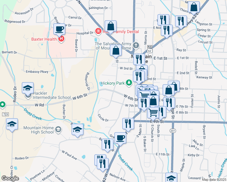 map of restaurants, bars, coffee shops, grocery stores, and more near 601 Dyer Street in Mountain Home