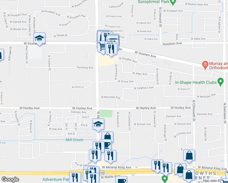 map of restaurants, bars, coffee shops, grocery stores, and more near 901 North Atwood Court in Visalia