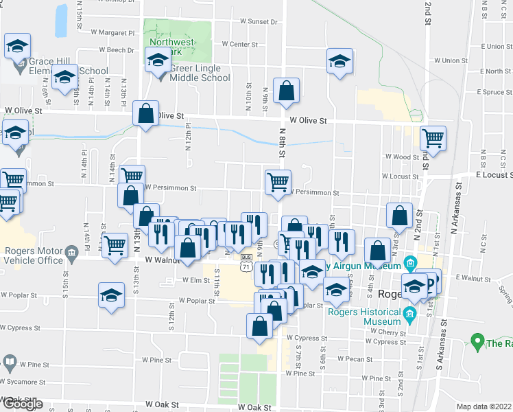 map of restaurants, bars, coffee shops, grocery stores, and more near 314 North 9th Street in Rogers