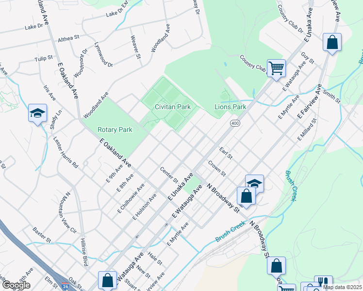 map of restaurants, bars, coffee shops, grocery stores, and more near 810 North Broadway Street in Johnson City