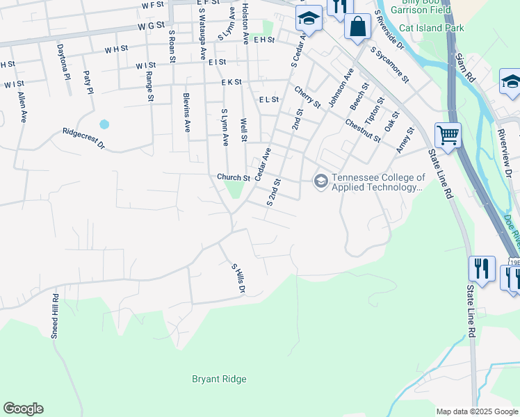 map of restaurants, bars, coffee shops, grocery stores, and more near 502 Bingham Street in Elizabethton