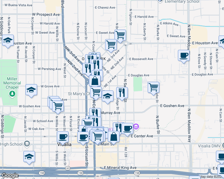 map of restaurants, bars, coffee shops, grocery stores, and more near 613 North Garden Street in Visalia