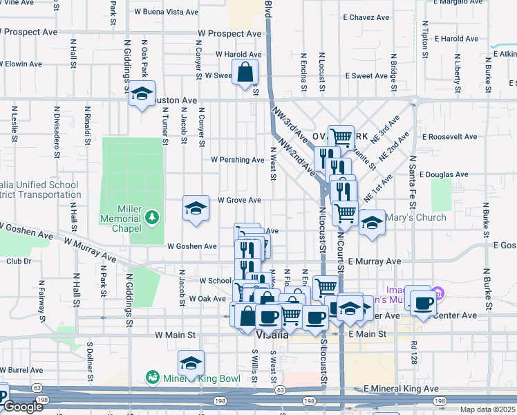 map of restaurants, bars, coffee shops, grocery stores, and more near 719 North Willis Street in Visalia