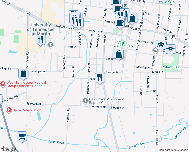 map of restaurants, bars, coffee shops, grocery stores, and more near 501 Fonville Street in Martin