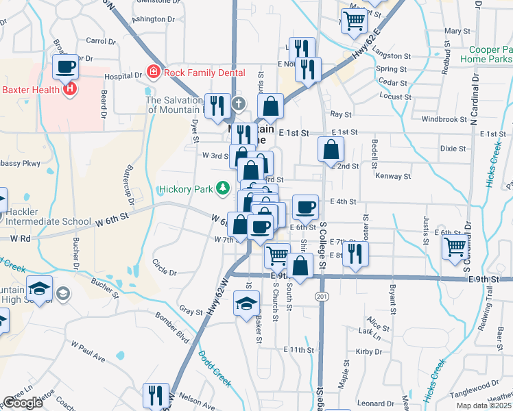 map of restaurants, bars, coffee shops, grocery stores, and more near 505 South Main Street in Mountain Home
