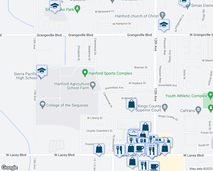 map of restaurants, bars, coffee shops, grocery stores, and more near 1164 North Academy Drive in Hanford