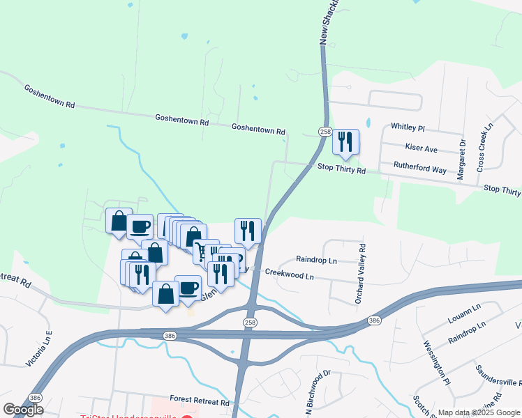 map of restaurants, bars, coffee shops, grocery stores, and more near 1015 Old Shackle Island Road in Hendersonville
