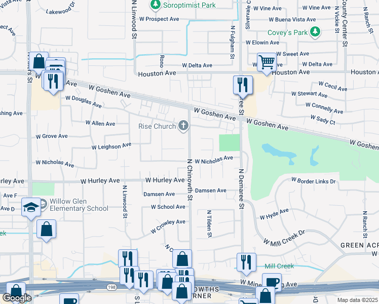 map of restaurants, bars, coffee shops, grocery stores, and more near 853 North Chinowth Street in Visalia