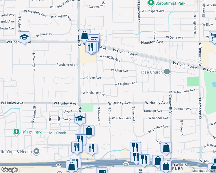 map of restaurants, bars, coffee shops, grocery stores, and more near 828 North Crenshaw Court in Visalia