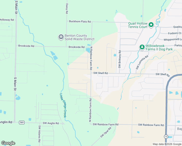 map of restaurants, bars, coffee shops, grocery stores, and more near 8401 North Rainbow Farm Road in Bentonville
