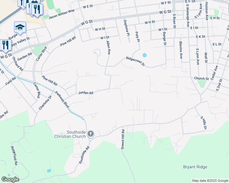 map of restaurants, bars, coffee shops, grocery stores, and more near 1002 Jordan Road in Elizabethton