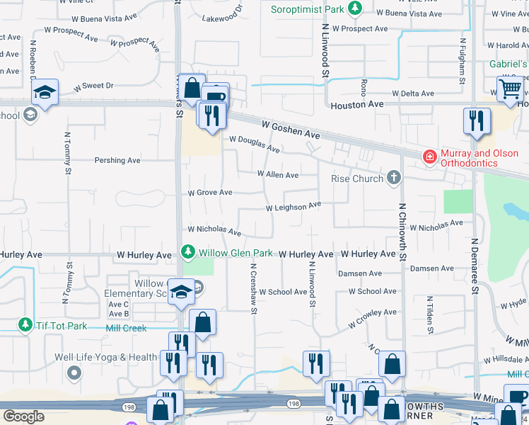 map of restaurants, bars, coffee shops, grocery stores, and more near 4823 West Leighson Avenue in Visalia