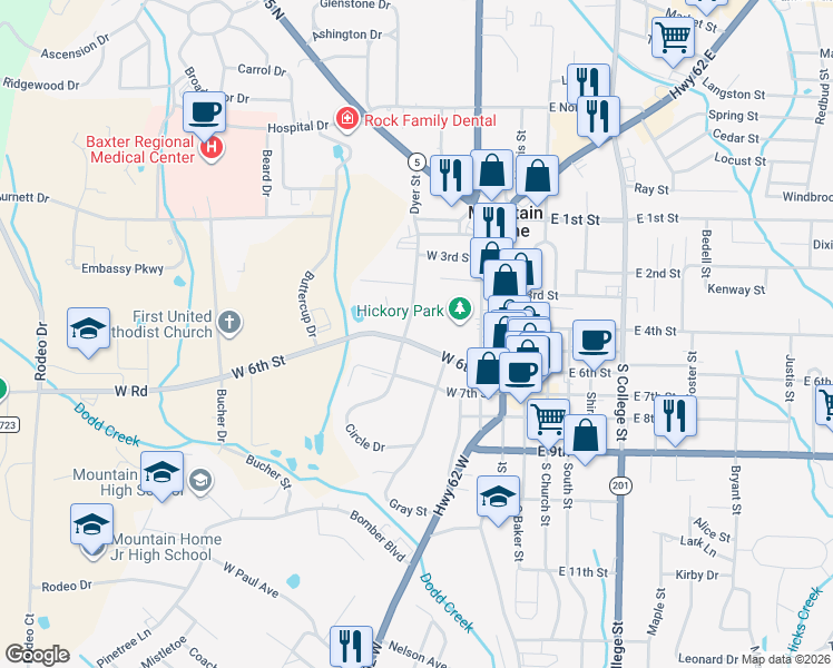 map of restaurants, bars, coffee shops, grocery stores, and more near 215 West 6th Street in Mountain Home