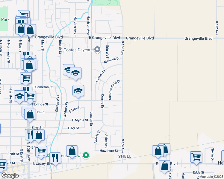 map of restaurants, bars, coffee shops, grocery stores, and more near 1133 Summer Field Drive in Hanford
