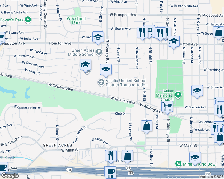 map of restaurants, bars, coffee shops, grocery stores, and more near 717 North Leslie Street in Visalia