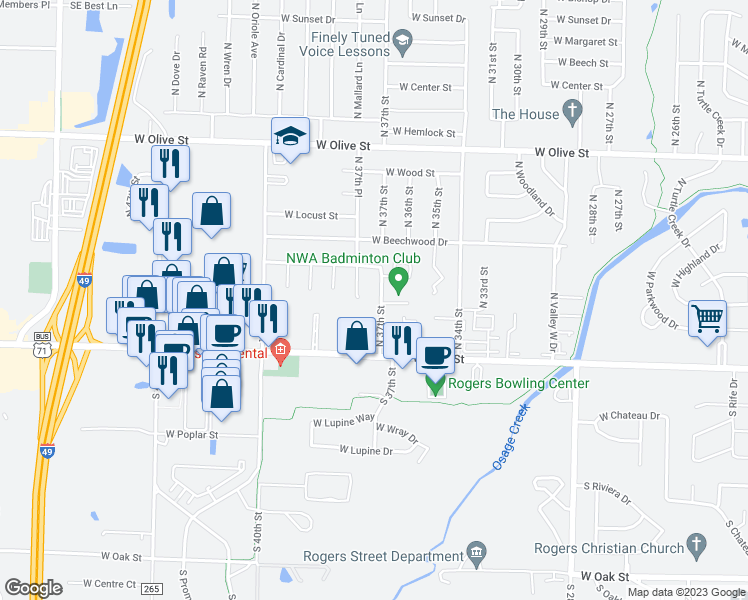 map of restaurants, bars, coffee shops, grocery stores, and more near 408 North 37th Street in Rogers