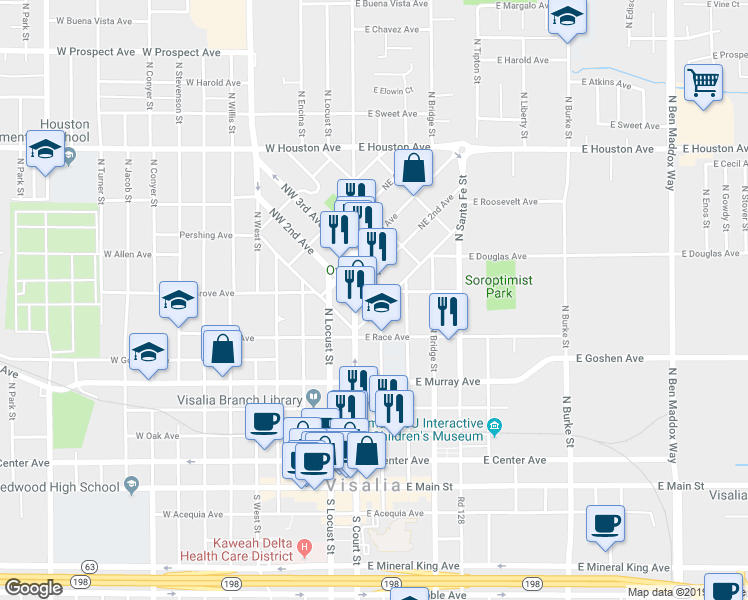 map of restaurants, bars, coffee shops, grocery stores, and more near 120 Northeast 1st Avenue in Visalia